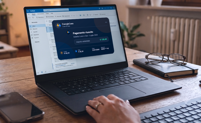 Ordinateur portable affichant une confirmation de paiement d’une facture d’énergie reçue par e-mail.