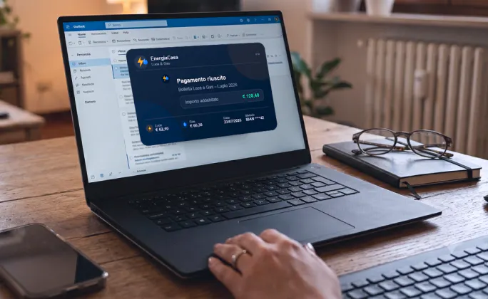 Ordinateur portable affichant une confirmation de paiement d’une facture d’énergie reçue par e-mail.