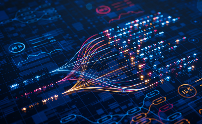 Visualizzazione digitale in stile dashboard: flussi di dati multicolore su sfondo blu con grafici e una mappa del mondo composta da punti luminosi.