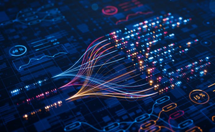 Visualizzazione digitale in stile dashboard: flussi di dati multicolore su sfondo blu con grafici e una mappa del mondo composta da punti luminosi.