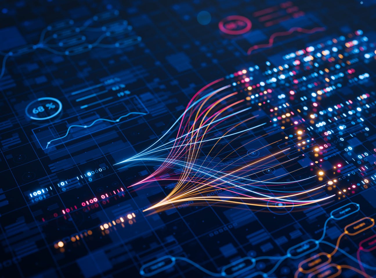 Visualizzazione digitale in stile dashboard: flussi di dati multicolore su sfondo blu con grafici e una mappa del mondo composta da punti luminosi.