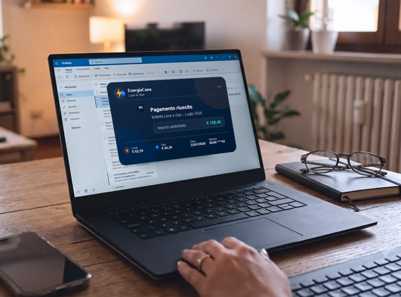 Ordinateur portable affichant une confirmation de paiement d’une facture d’énergie reçue par e-mail.