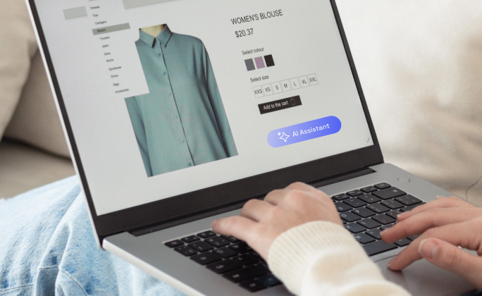Person shopping online on a laptop with an AI assistant supporting product selection.