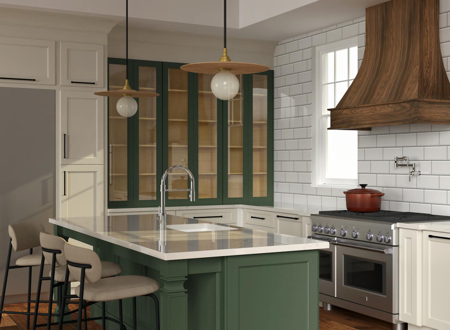 Green kitchen island cabinets with white countertop