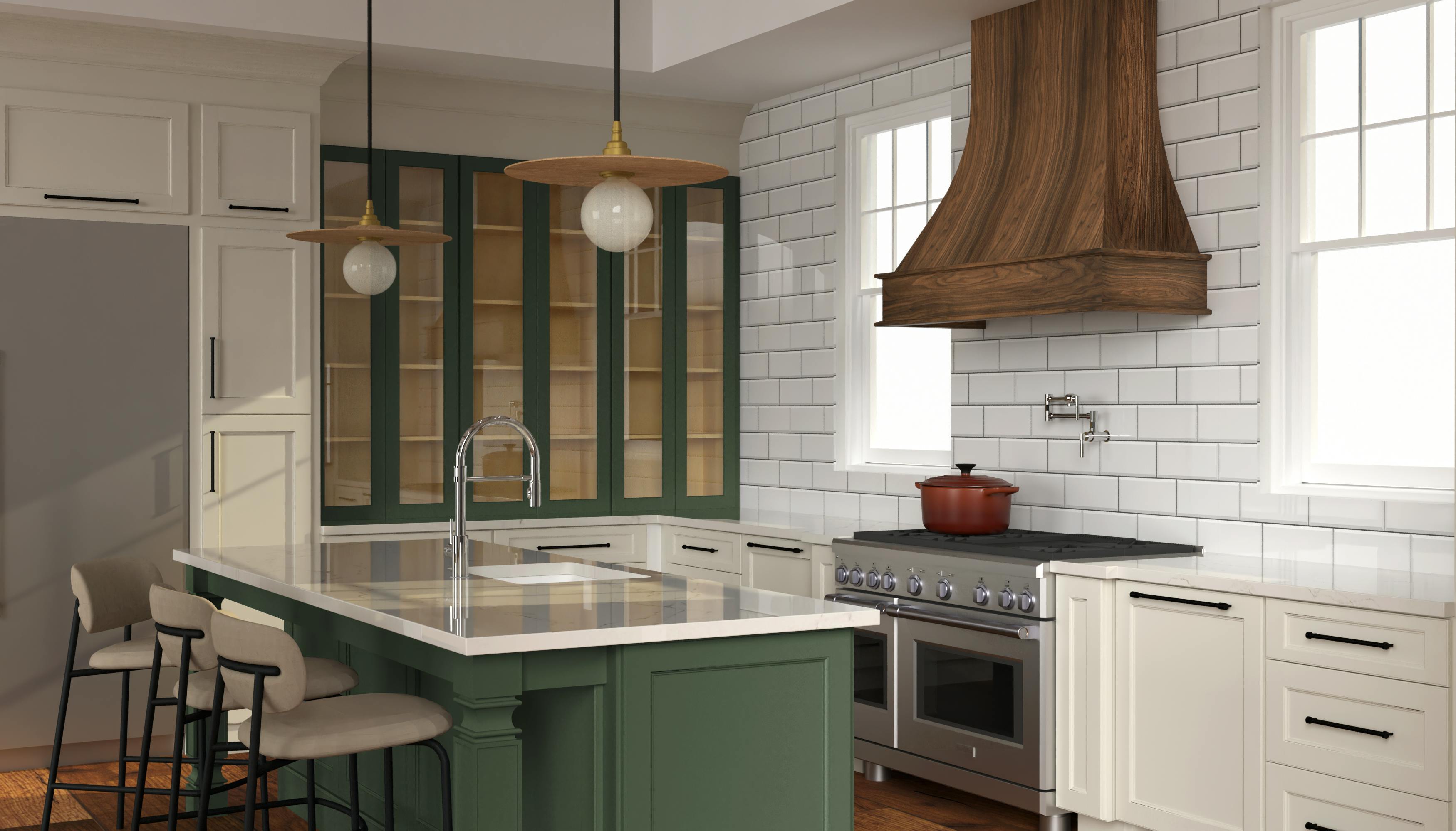 Fabuwood's Hunter Green and artisan walnut hood kitchen