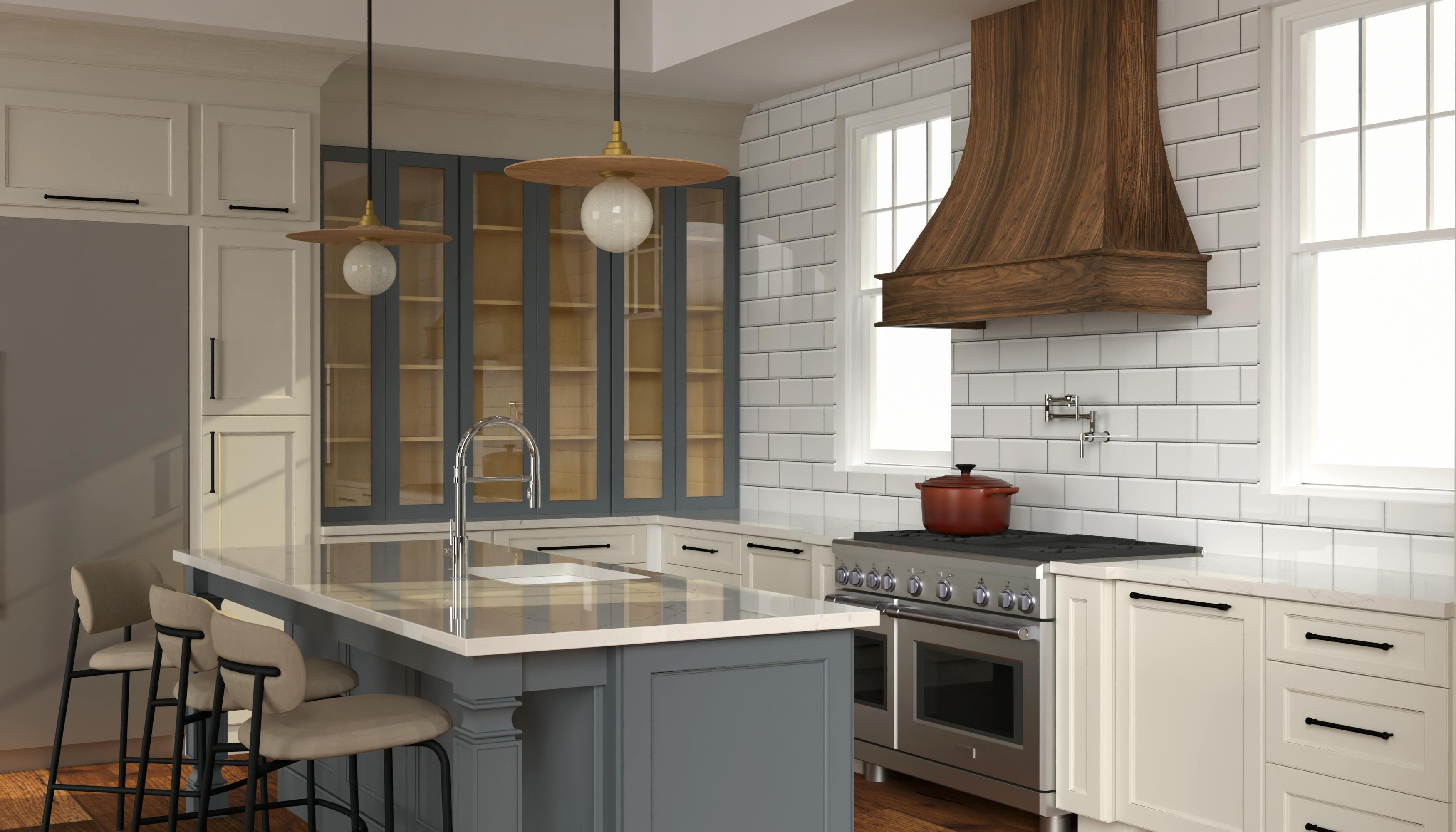 Fabuwood's artisan walnut hood and denim blue kitchen