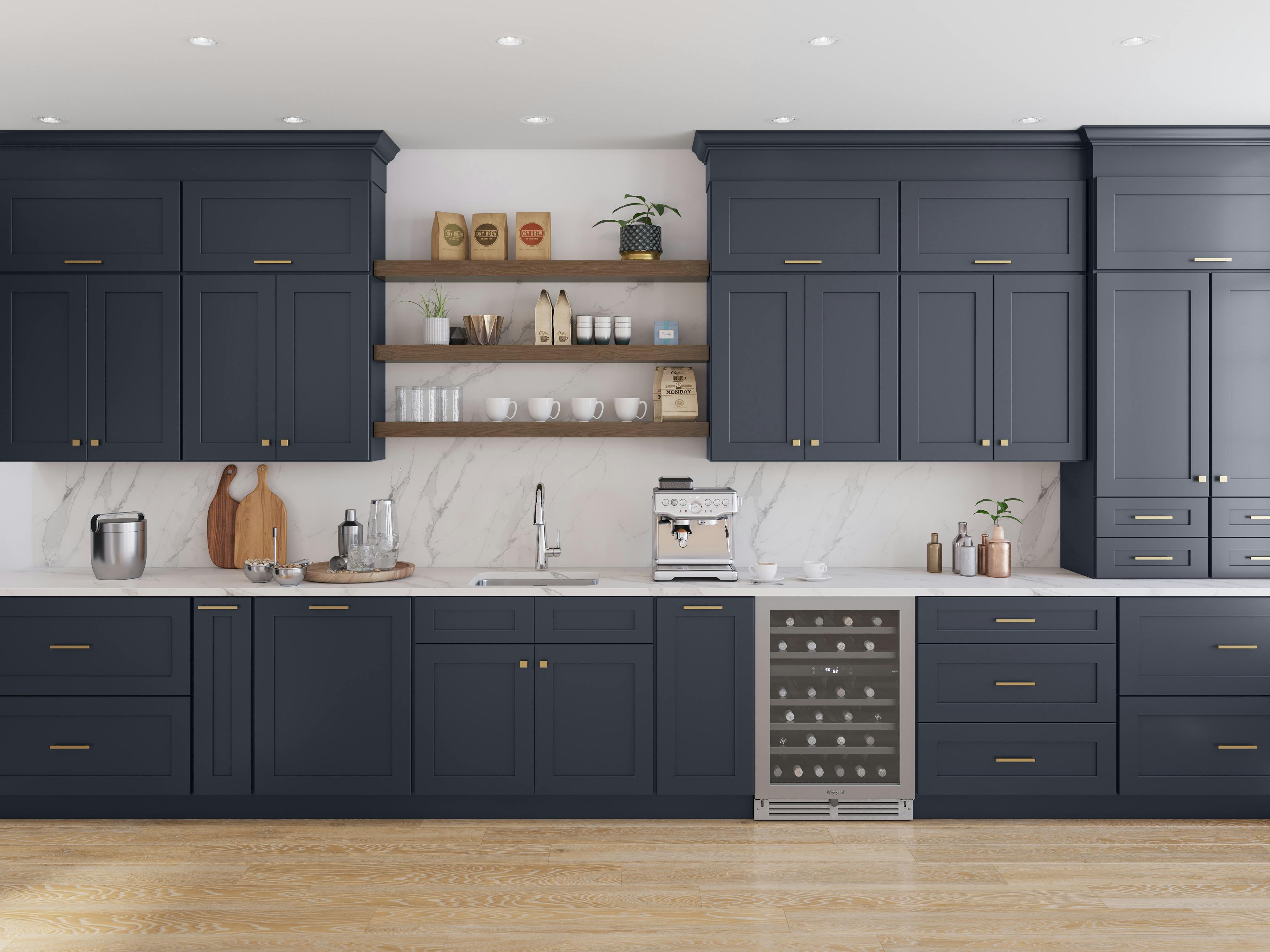 Fabuwood's Galaxy Indigo cabinets & wooden floating shelves