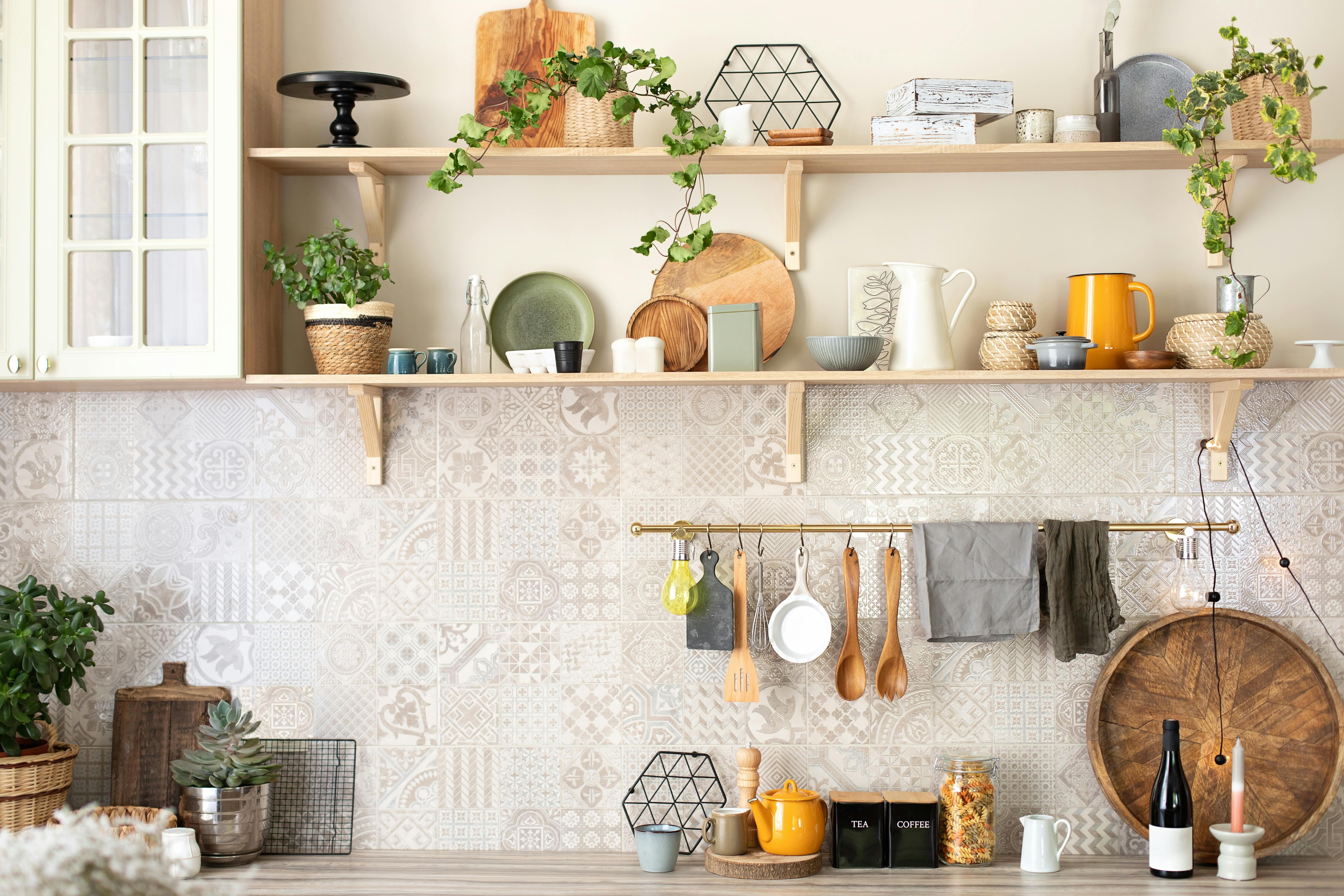 wall shelving, plants, hanging cooking hardware