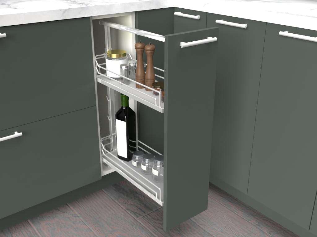 pull-out cabinets such as spice pull-outs, pull-out drawers and shelves, and pull-out trash cans