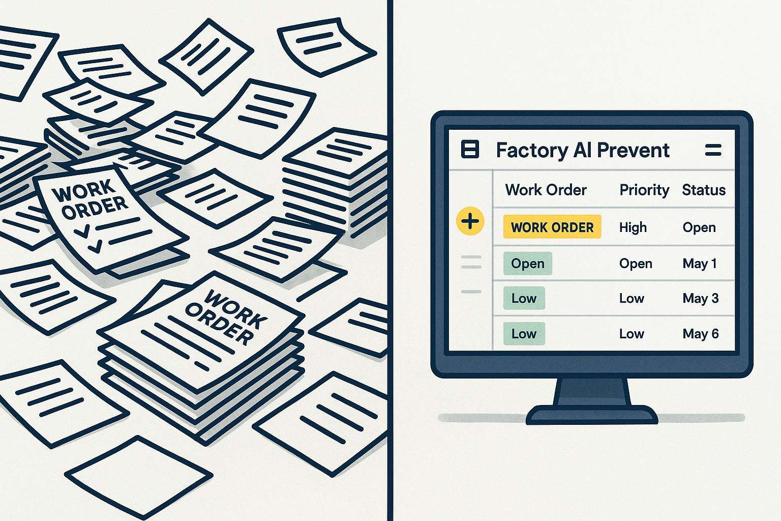 Comparison of manual paper work orders versus modern digital work order software interface.