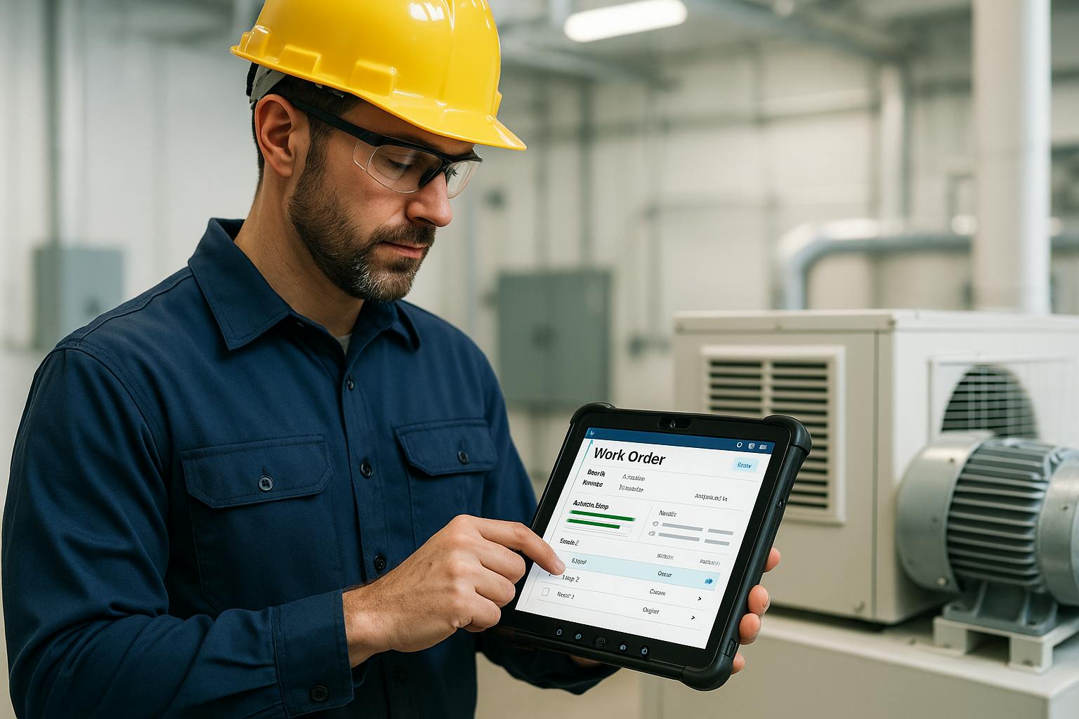 A technician carrying out maintenance on a HVAC using a mobile CMMS