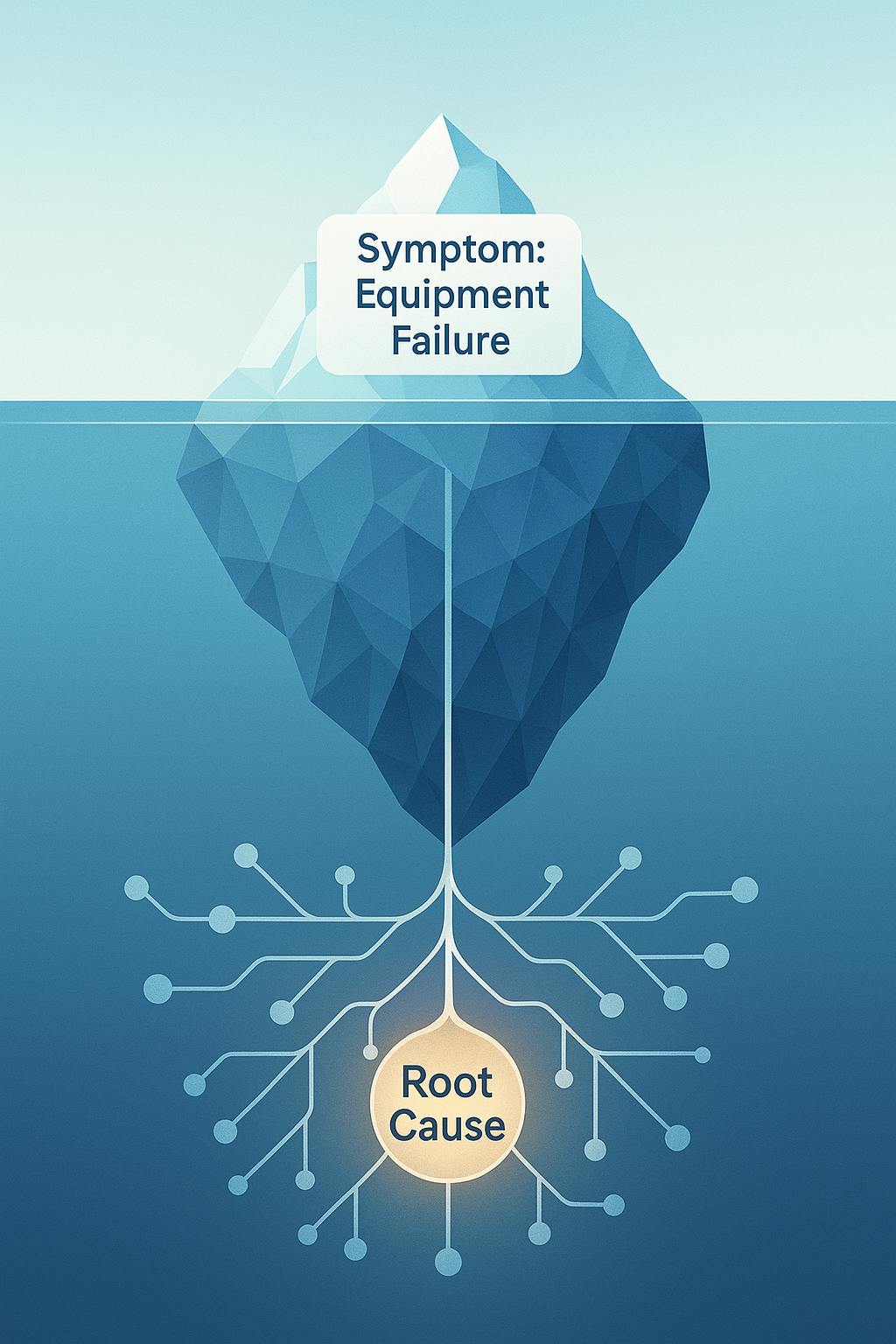 An iceberg showing the root cause concept. The tip shows symptoms, but below the surface is the root cause