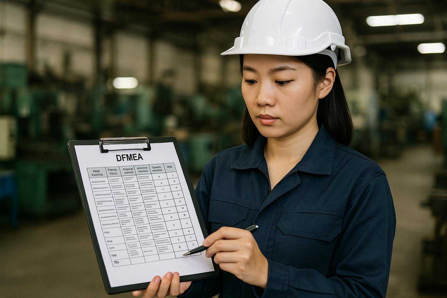 Engineer conducting DFMEA in a manufacturing site