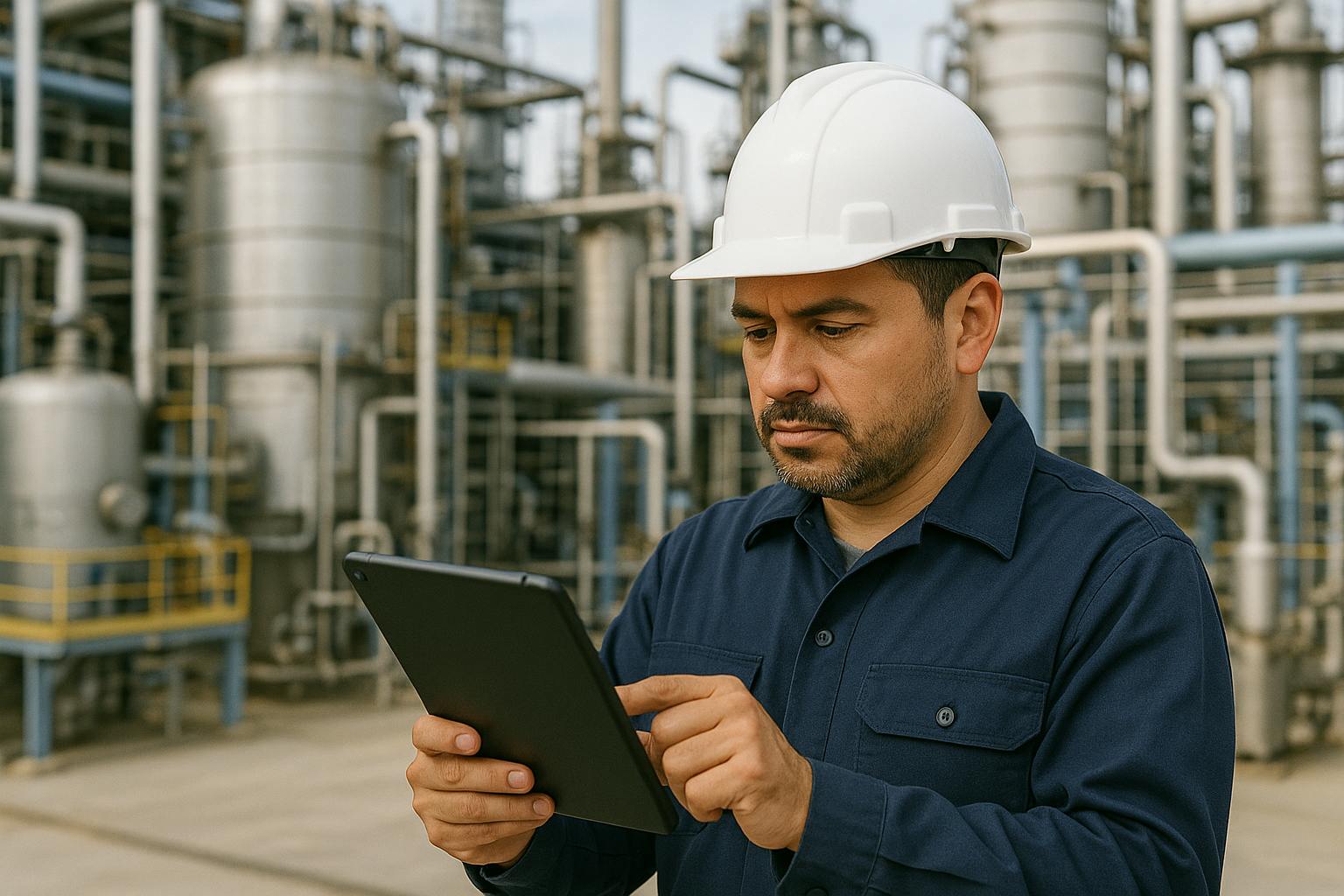 Engineer looking at tablet in a chemical site