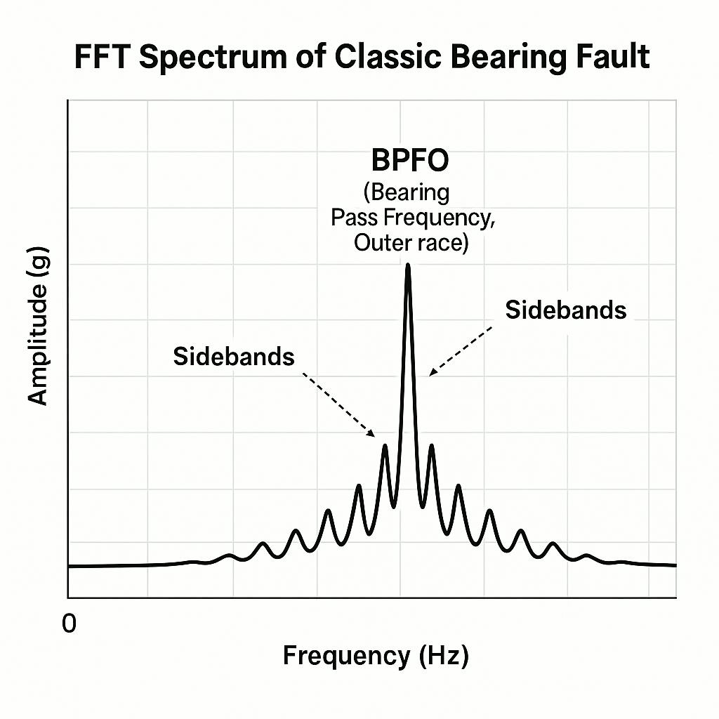 An FFT spectrum graph showing a classic bearing fault. The X-axis is 'Frequency (Hz)' and Y-axis is 'Amplitude (g)'. In the high-frequency range, show a distinct peak labeled 'BPFO' (Bearing Pass Frequency, Outer race) with several smaller, evenly spaced peaks on either side, labeled 'Sidebands'.