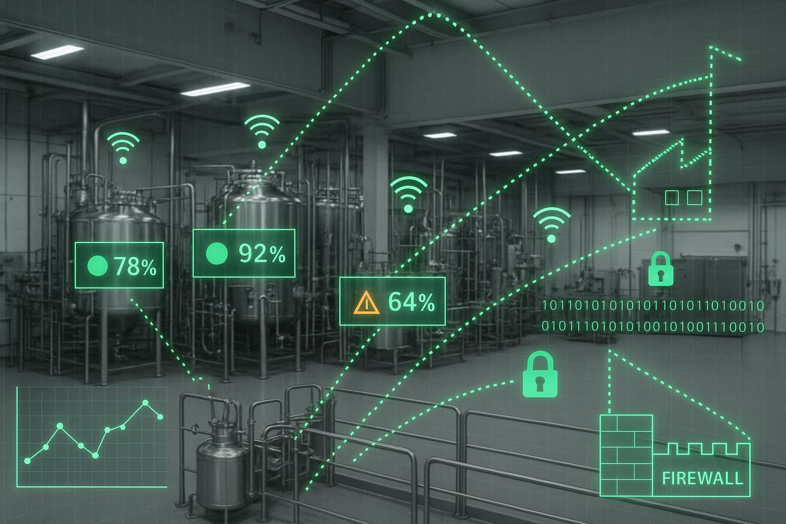 Factory floor with digital data flowing from assets to the ERP