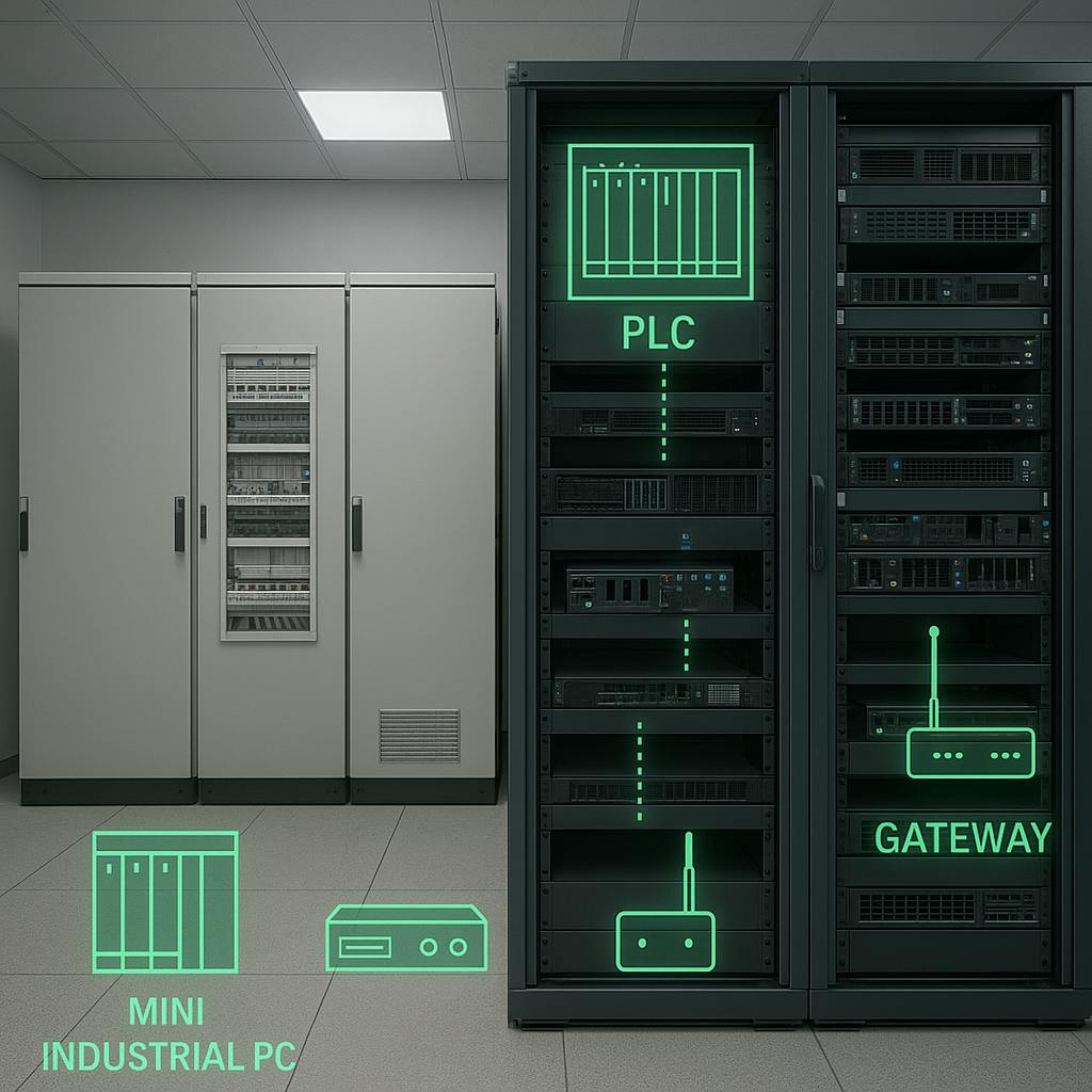 A server room connected to devices on the factory floor