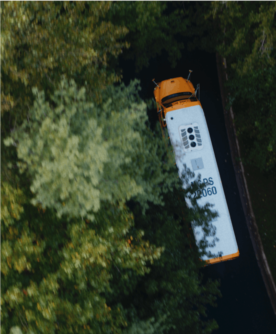 Overhead photograph of an electric school bus