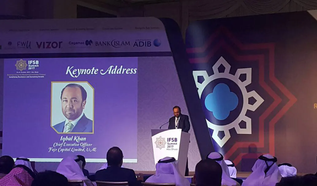 Fajr Capital's CEO Iqbal Khan delivers the keynote address at the 2017 IFSB Summit in Abu Dhabi, UAE