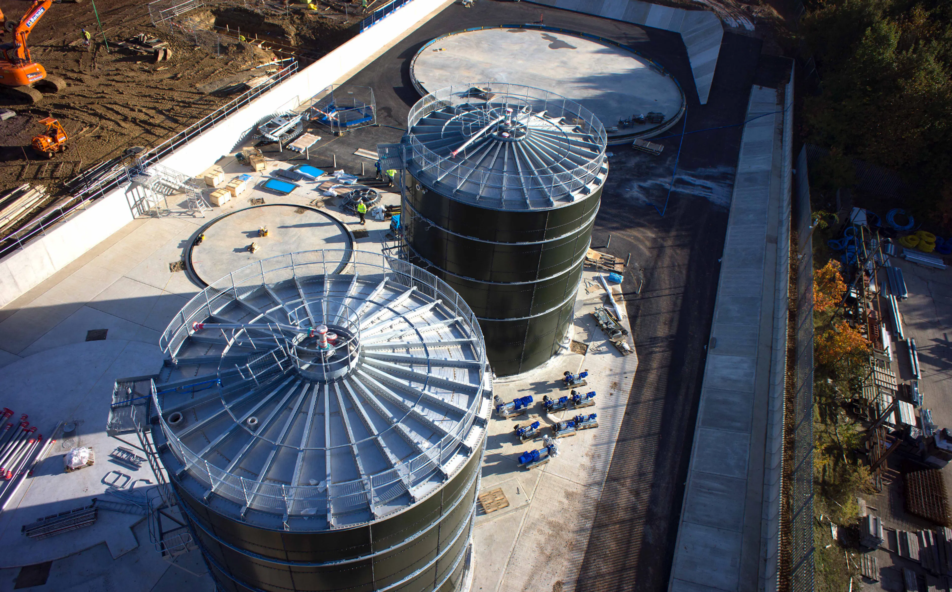 Aerial view of Biogen digestion tanks under construction