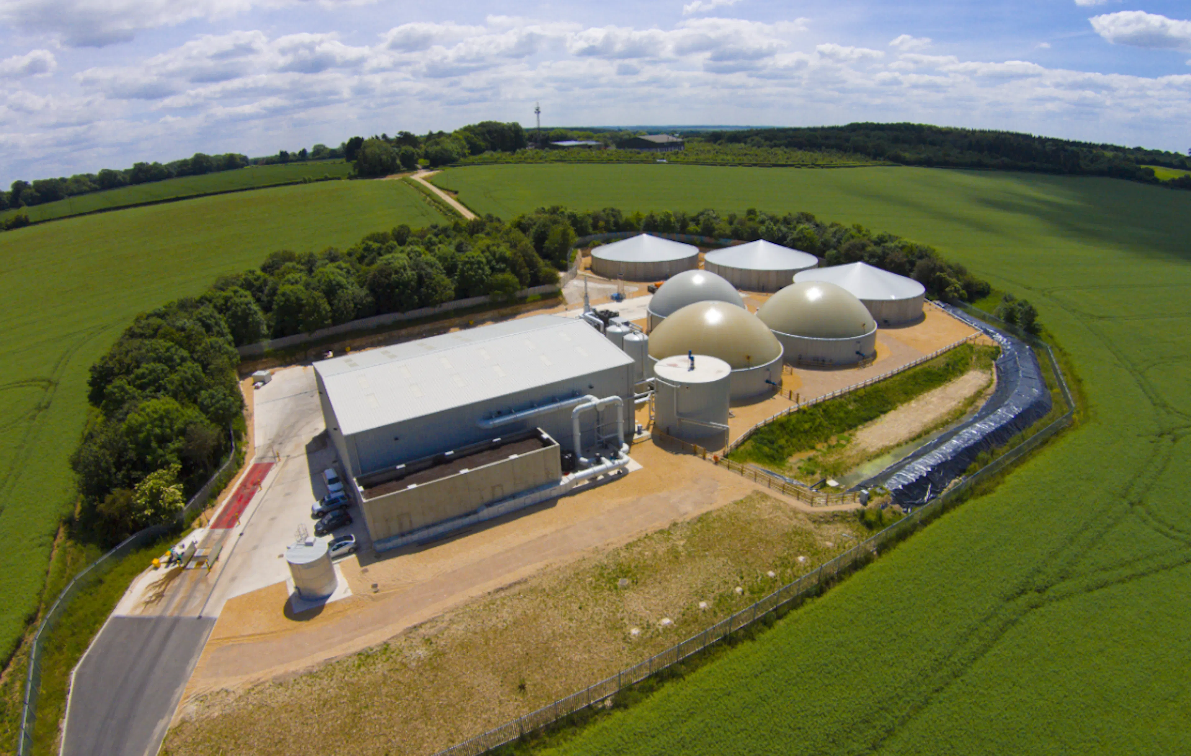 Aerial view of Biogen's anaerobic digestion plant surrounded by farmland