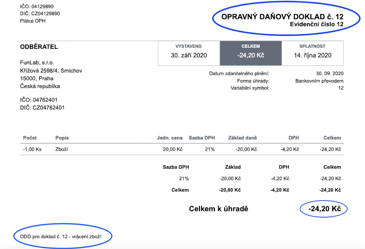 Opravny danovy doklad - vzor FakturaOnline.cz