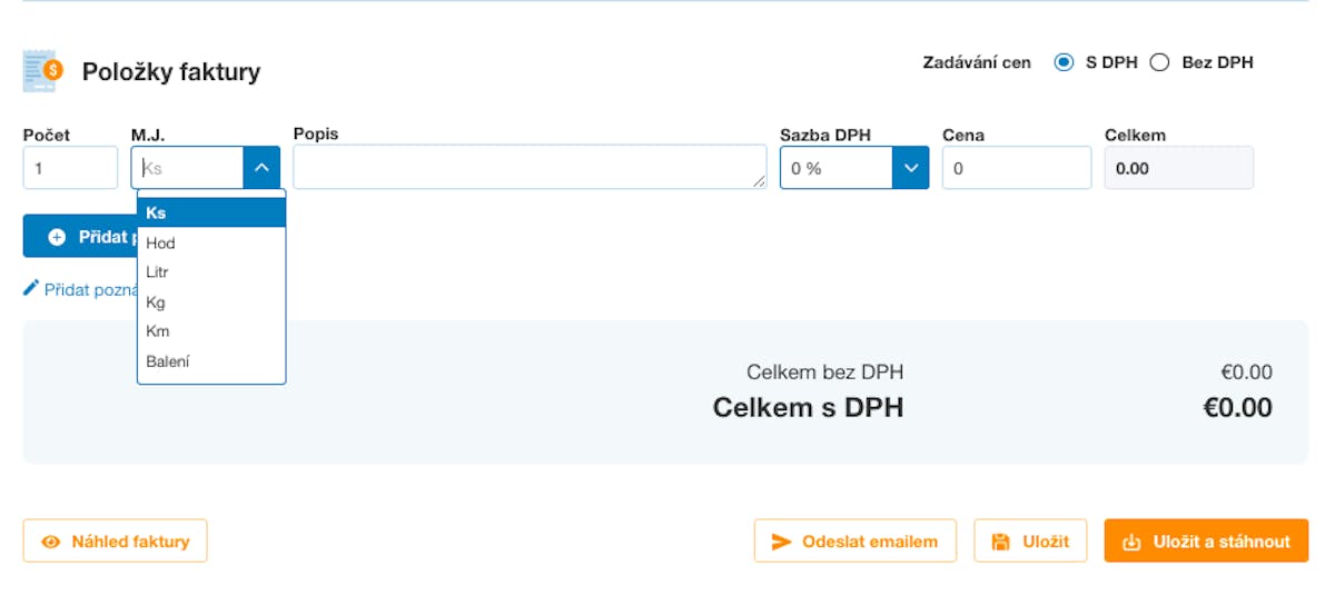 Měrné jednotky pro vystavení faktur ve FakturaOnline.cz