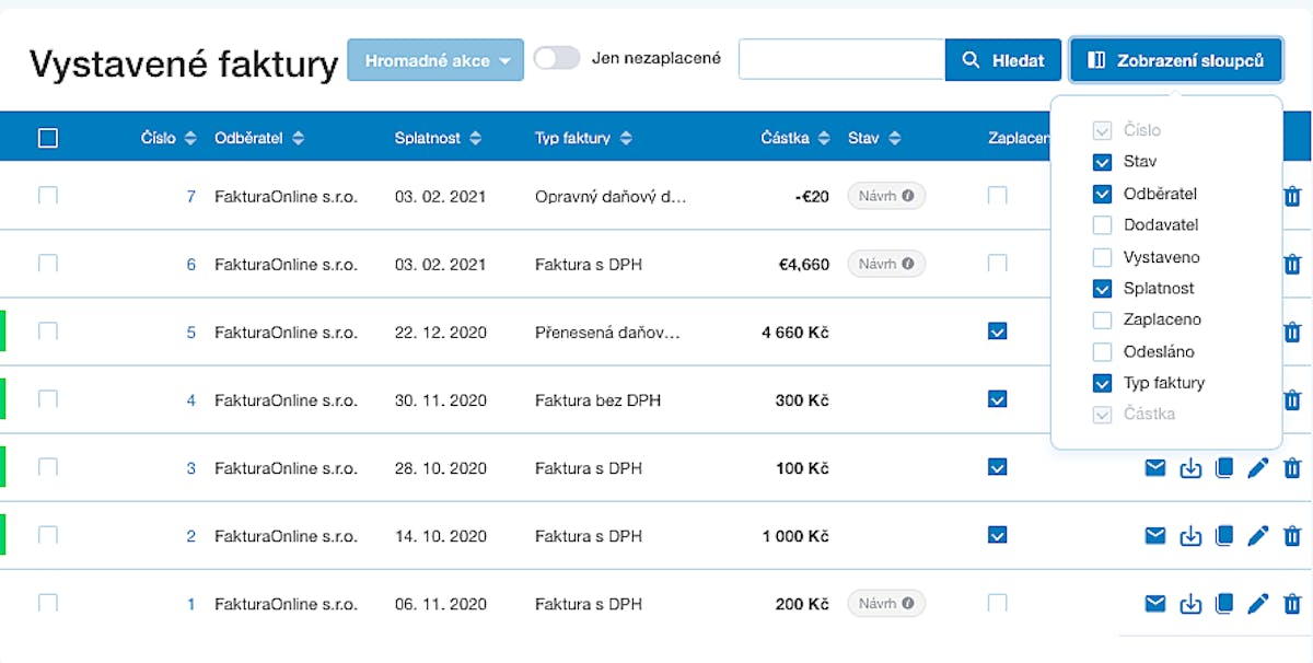 Řazení sloupců ve FakturaOnline.cz