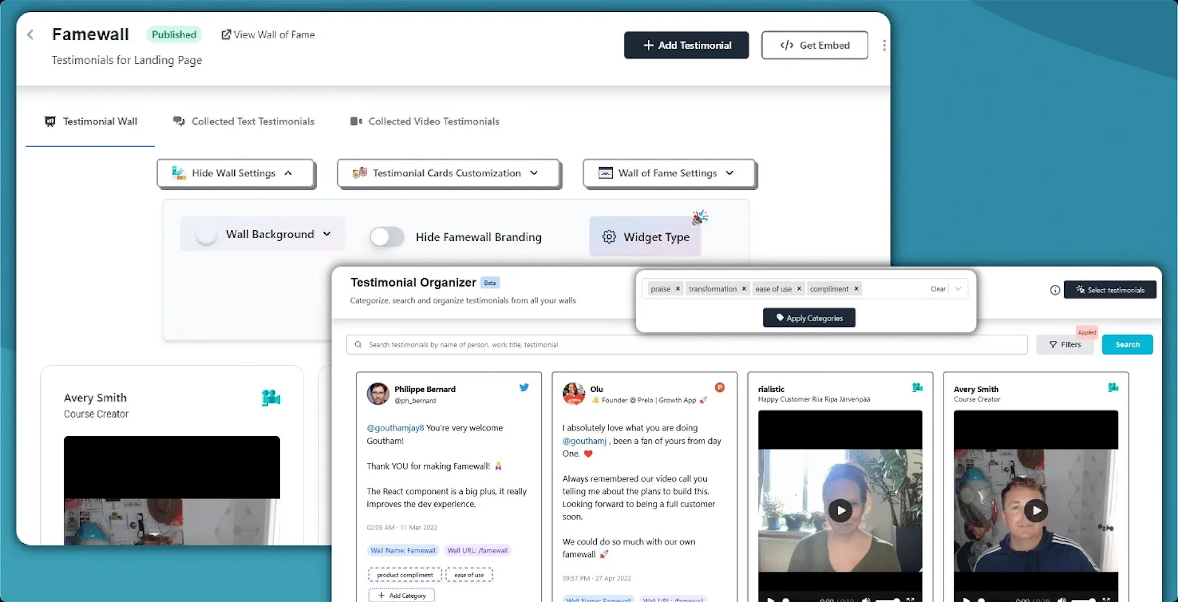Famewall dashboard with a wall of text and video testimonials, source tags visible on each card