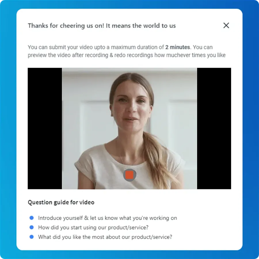 Famewall video recorder where customers record a testimonial in the browser with a question guide