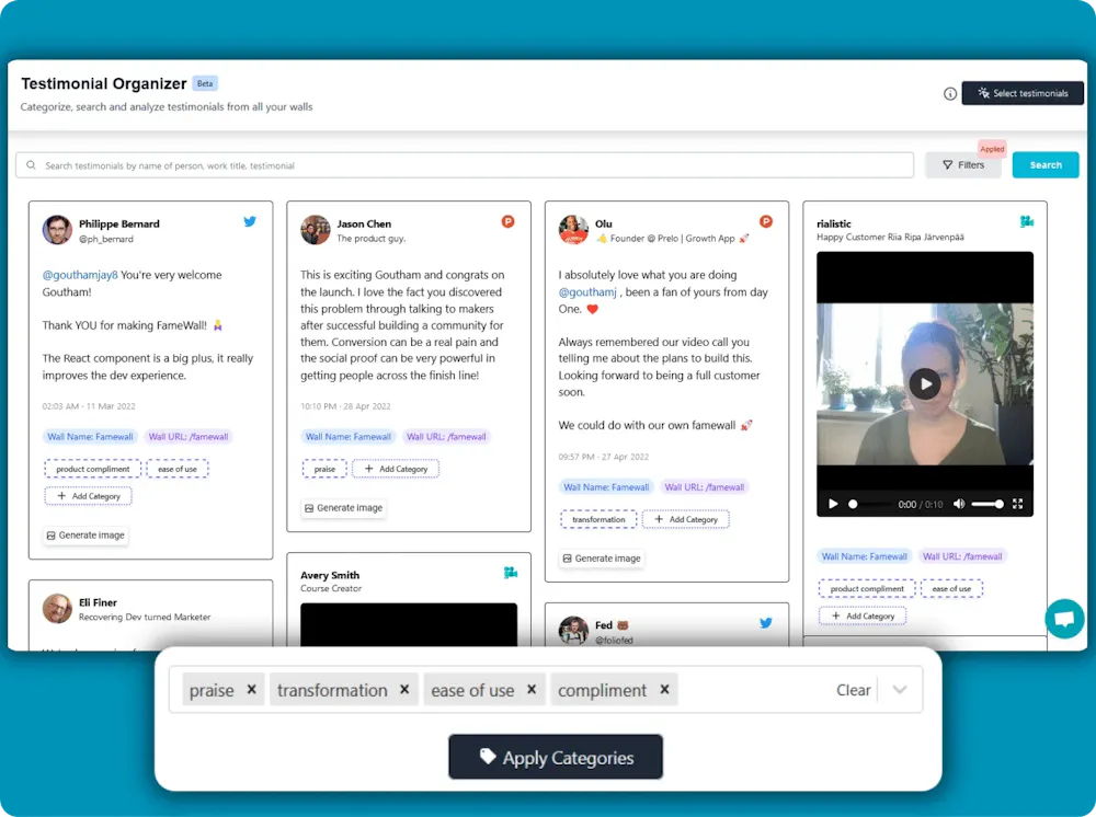 Famewall testimonial organizer where testimonials from all walls are searched, categorized and tagged
