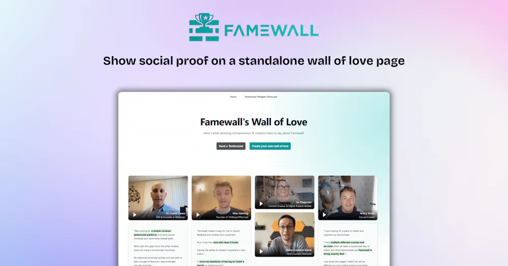 A Famewall wall of love page showing video and text testimonials on a standalone page