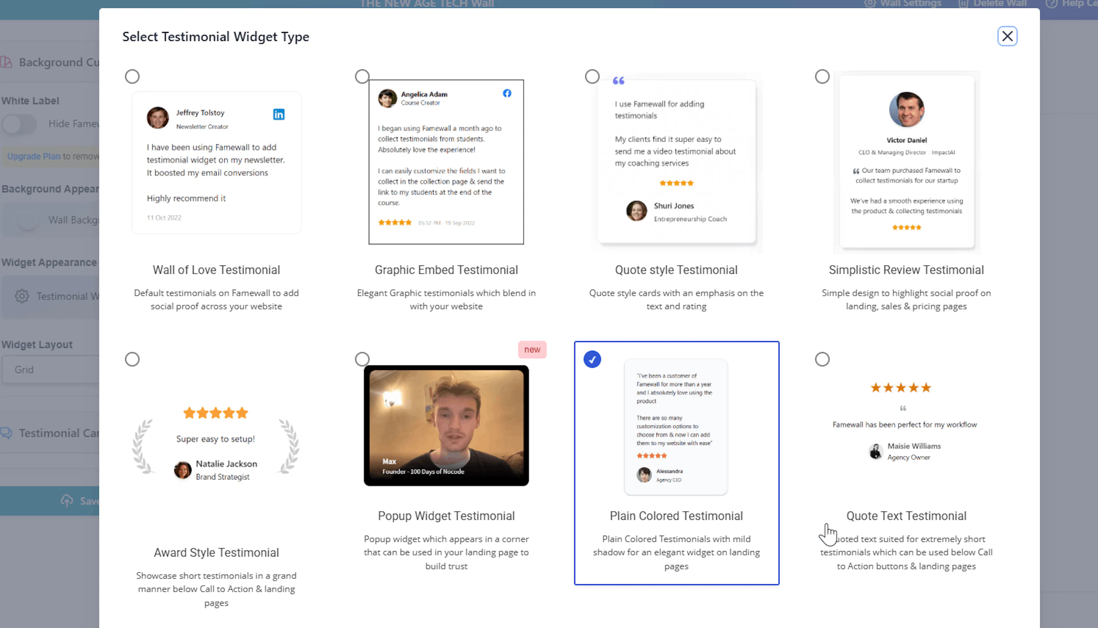 Testimonial widget Type in Famewall