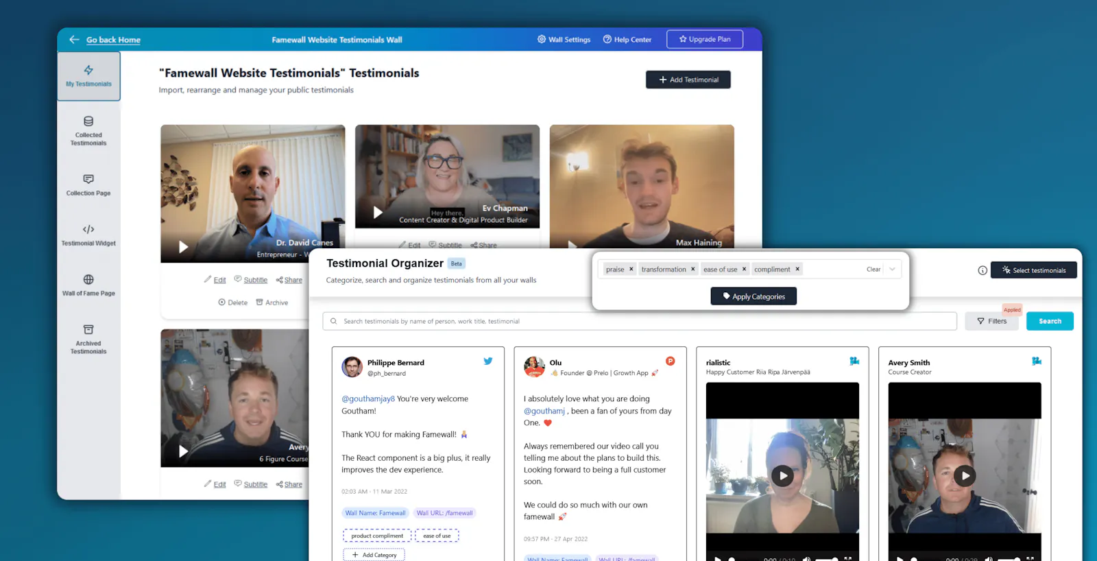 Famewall dashboard showing customer testimonials being collected, organized and managed in one place