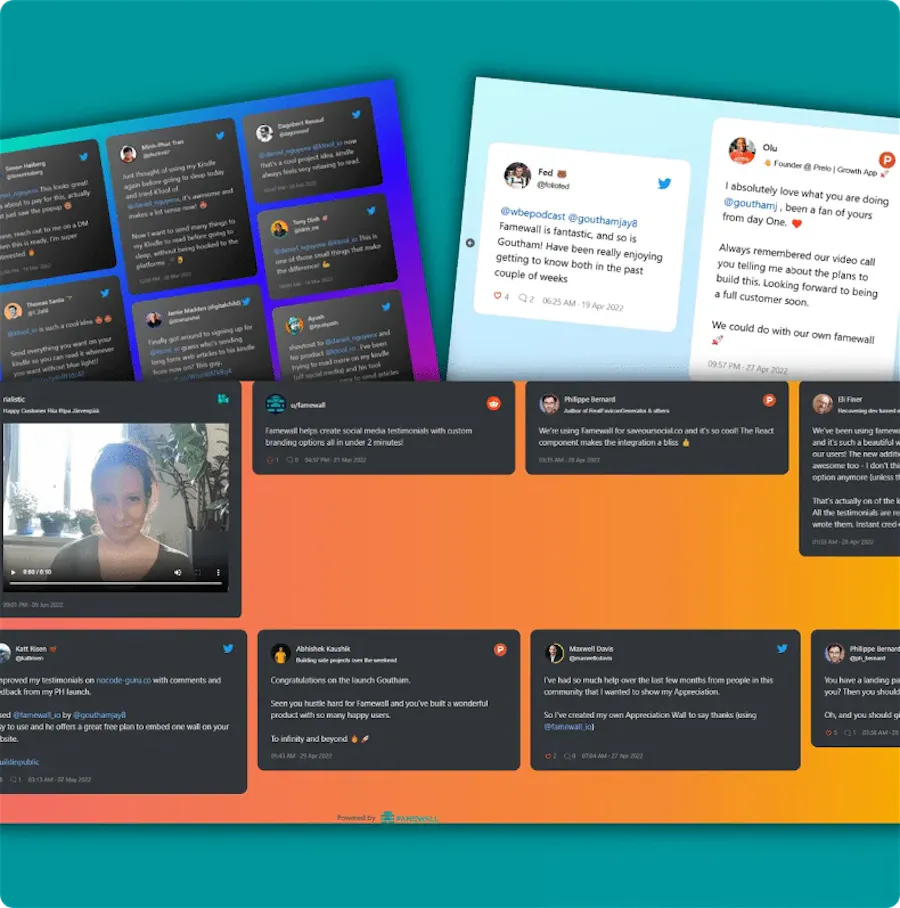 A range of Famewall no-code testimonial widgets and walls of love in different layouts and themes