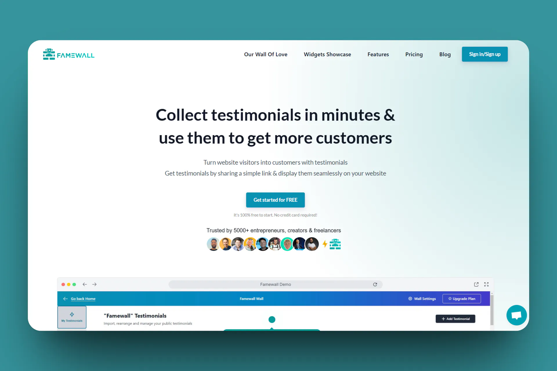 Hero section of Famewall homepage