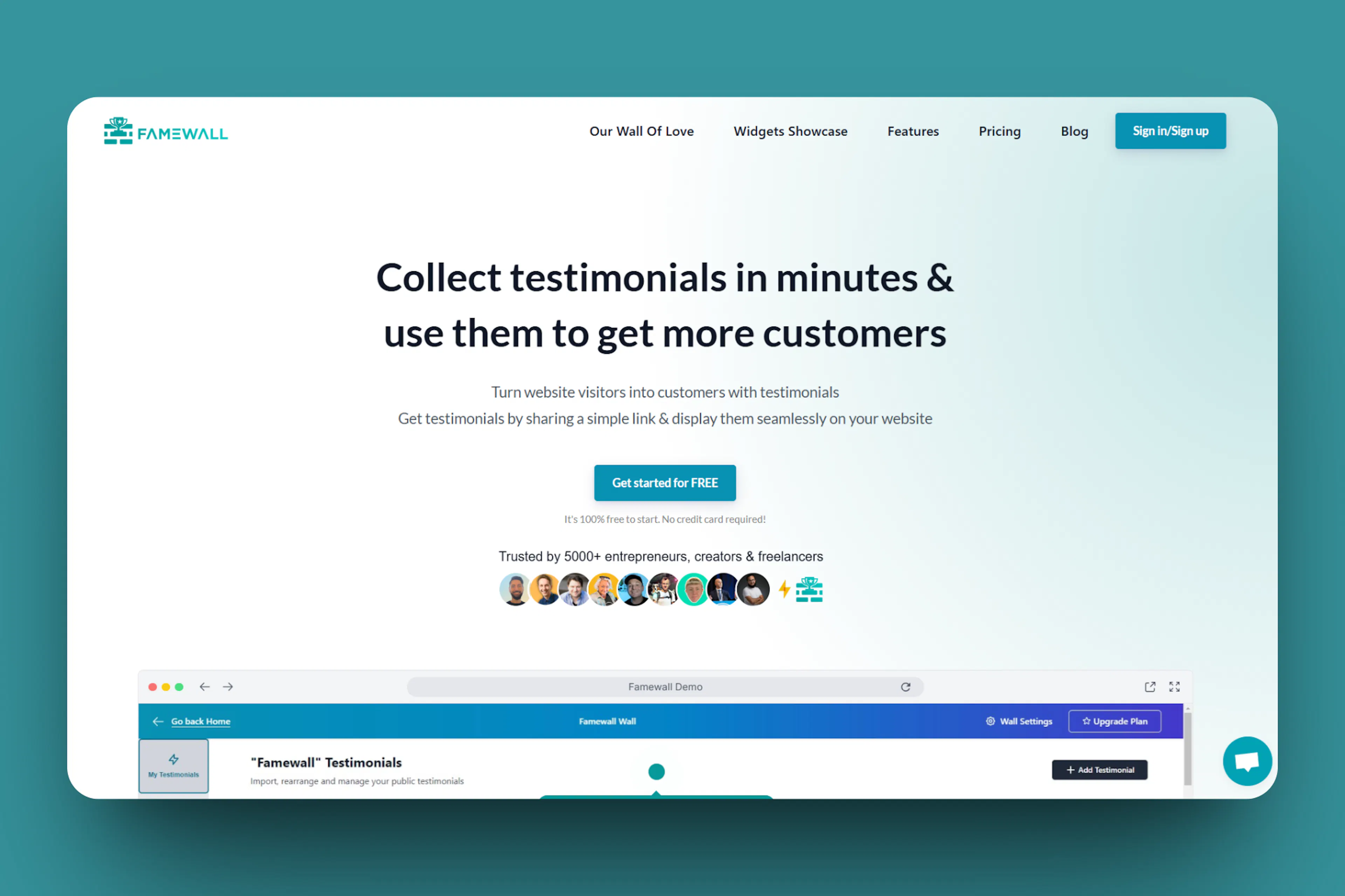 Hero section of Famewall homepage