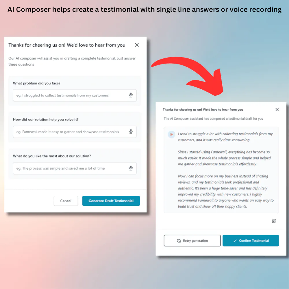 Famewall AI Composer asking 3 short questions and turning the answers into a draft the member confirms