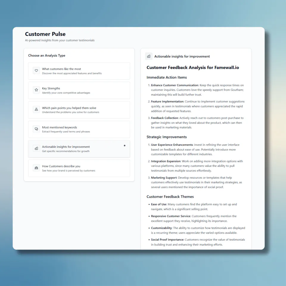 Famewall Customer Pulse dashboard listing six AI analysis types on the left with generated customer insights on the right