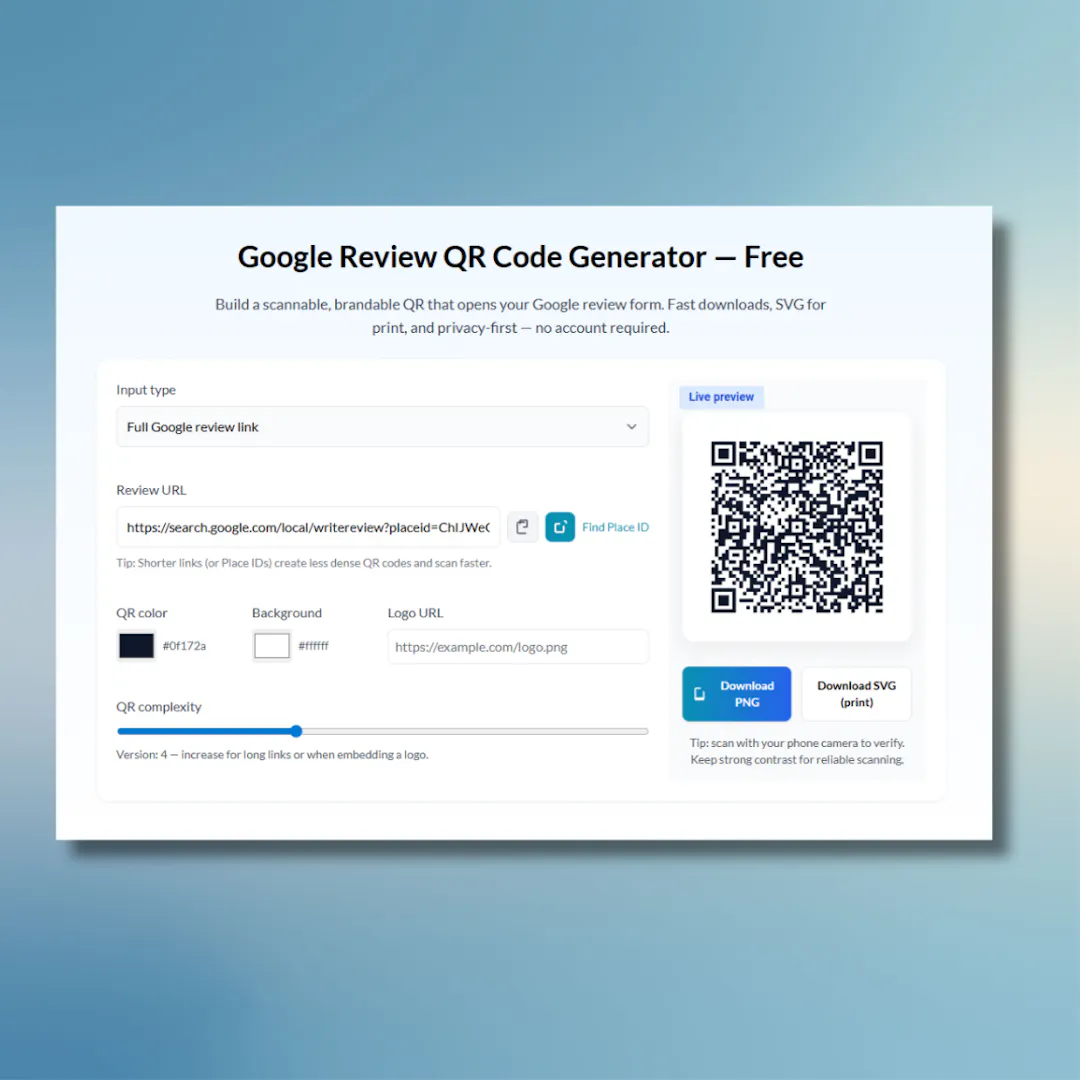 Google Review QR Code Generator — Free, Fast & Private