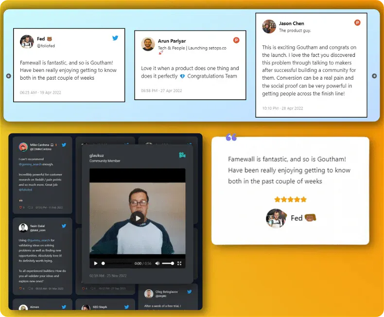 The same Famewall review widget rendered on a WordPress site, a Shopify product page, and a Webflow landing page