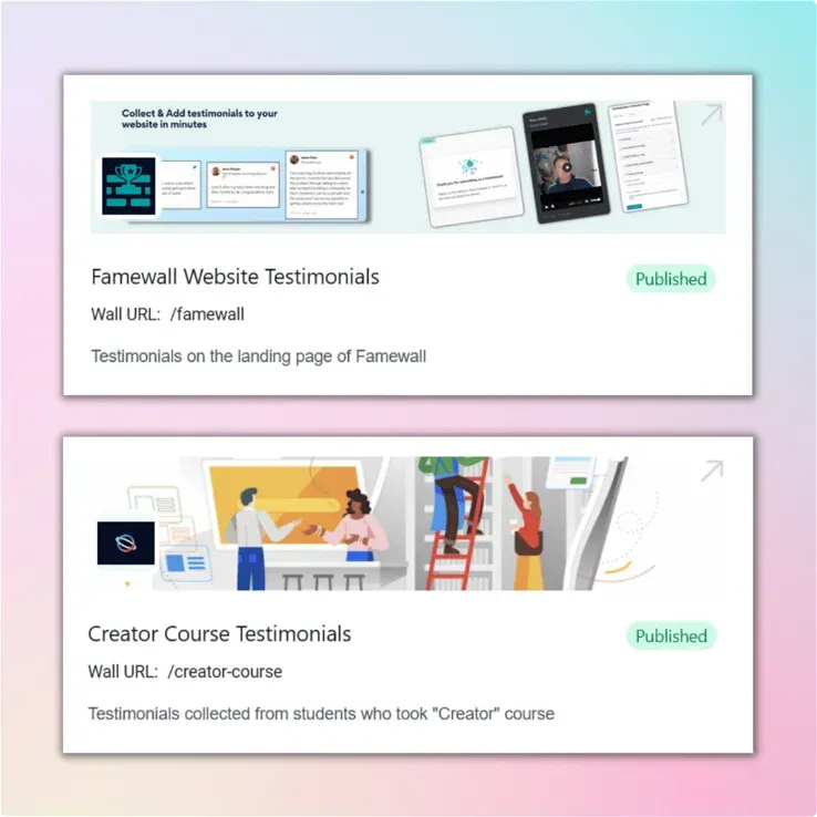 Two walls in the Famewall dashboard, one of them holding testimonials from students of a course