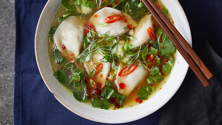 A bowl of hot dumpling soup