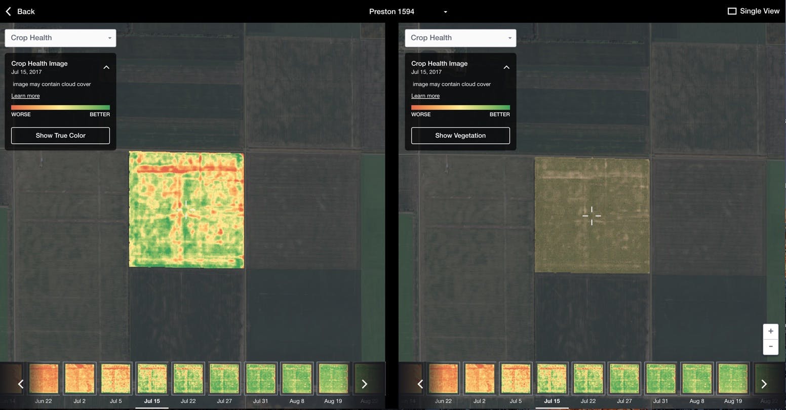 Compare Crop Health Imagery to true color satellite imagery with the Field Data Explorer from FarmLogs