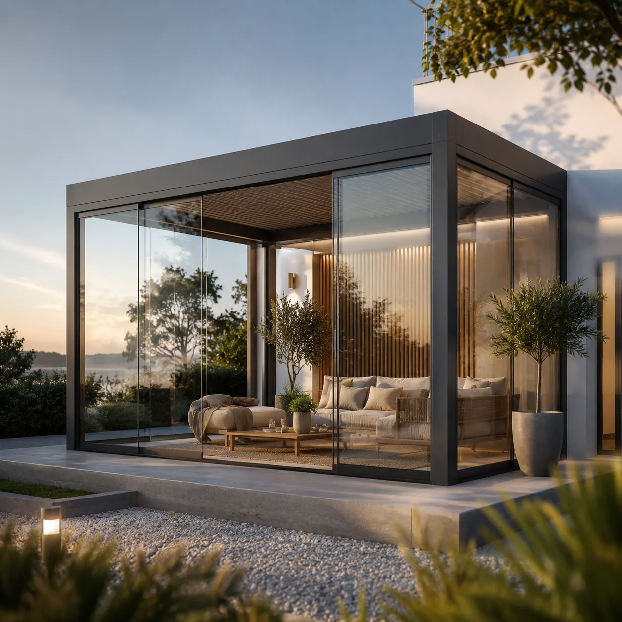 Glasspaviljong med skyvedører i mørk aluminium som omslutter en møblert uteplass; sofa og planter står på terrasse ved sjøen i varmt kveldslys.