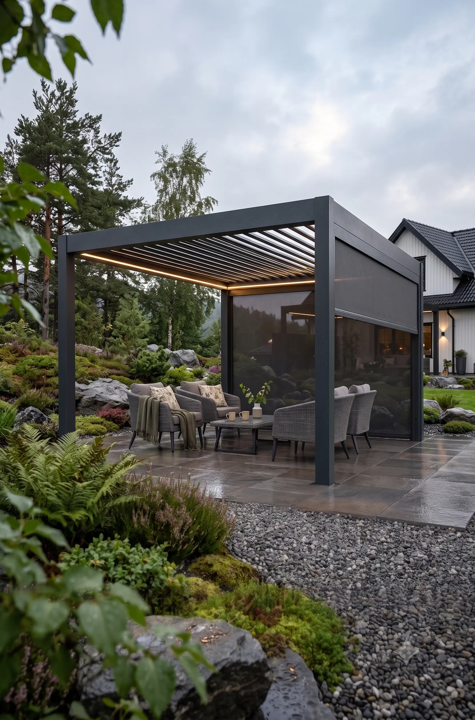 Pergola med lamelltak og nedrullede screens, opplyst LED-list over spisebordet; den gir skjermet sitteplass på flislagt terrasse ved moderne hus omgitt av hage, stein og fuktig vær.