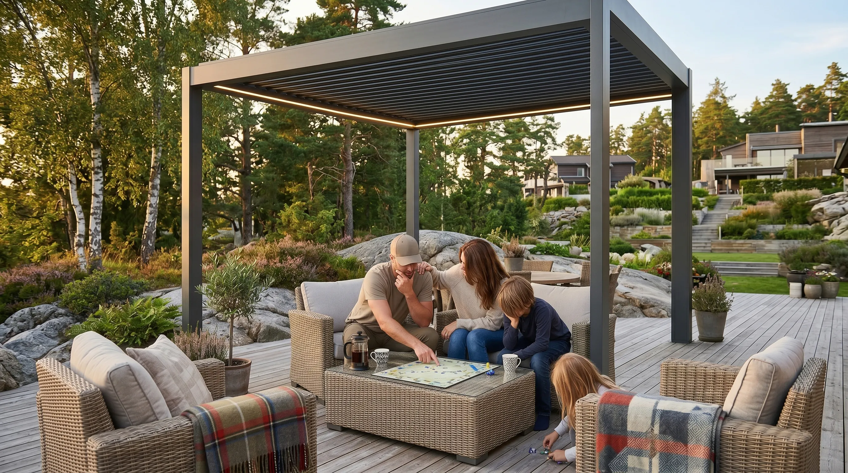 Lamellpergola gir skygge over en sittegruppe; to voksne og to barn sitter og peker mens de spiller brettspill på bordet. Omgitt av tredekke, berg, furutrær og moderne hus.