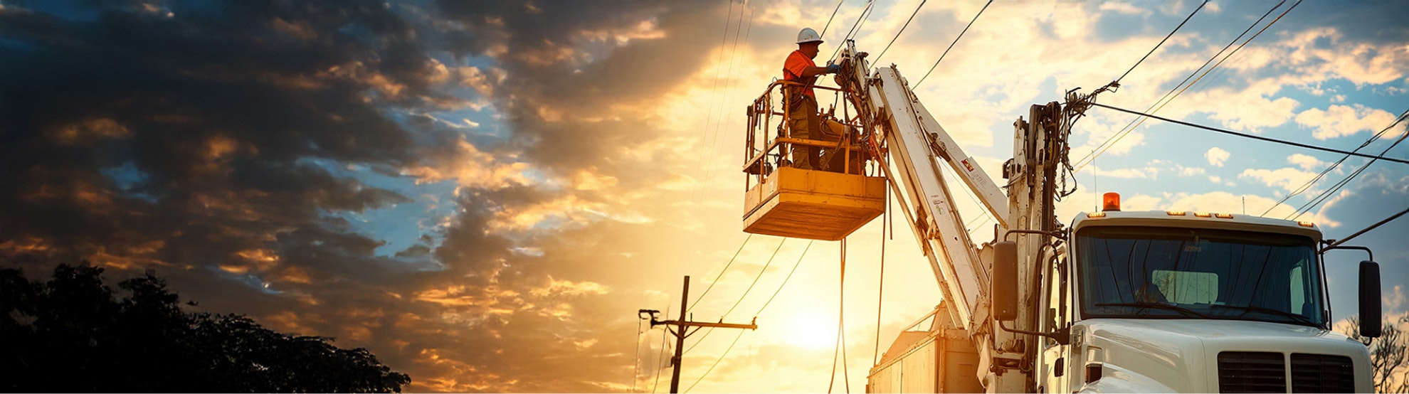 Utility worker in a raised bucket truck repairing power lines at sunset, with dramatic clouds and sunlight in the background.