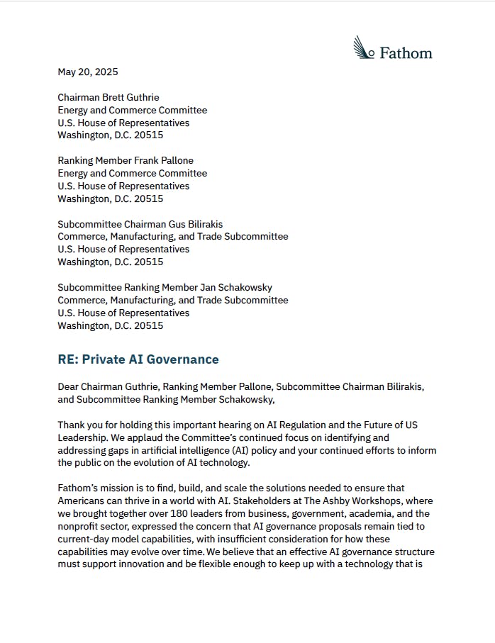 Fathom Letter to the House Energy & Commerce Committee: On Private AI Governance