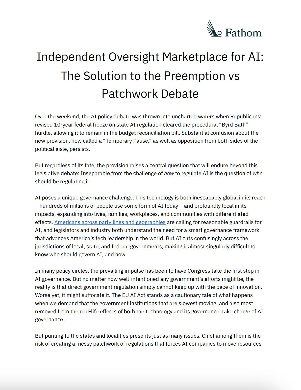 Independent Oversight Marketplace for AI: The Solution to the Preemption vs Patchwork Debate
